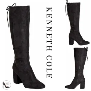 Kenneth Cole Women's Corie Lace-up Knee High Boot Block Heel Black Suede Boots 9