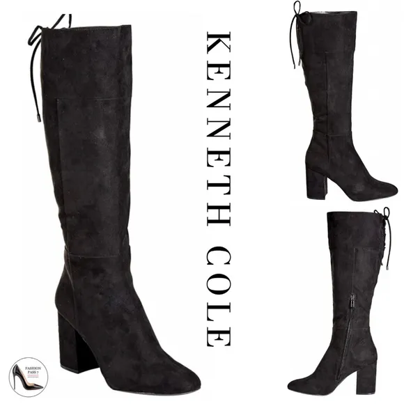 Kenneth Cole Women's Corie Lace-up Knee High Boot Block Heel Black Suede Boots 9