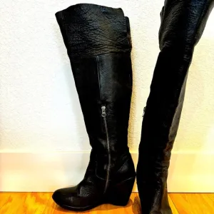 🍂Kork-Ease Adrianne black leather high knee fold over wedge boots - size 8/39​​