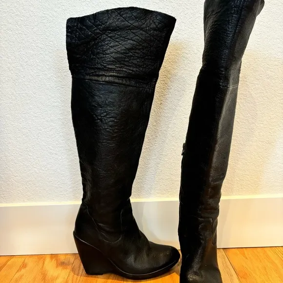 🍂Kork-Ease Adrianne black leather high knee fold over wedge boots - size 8/39​​