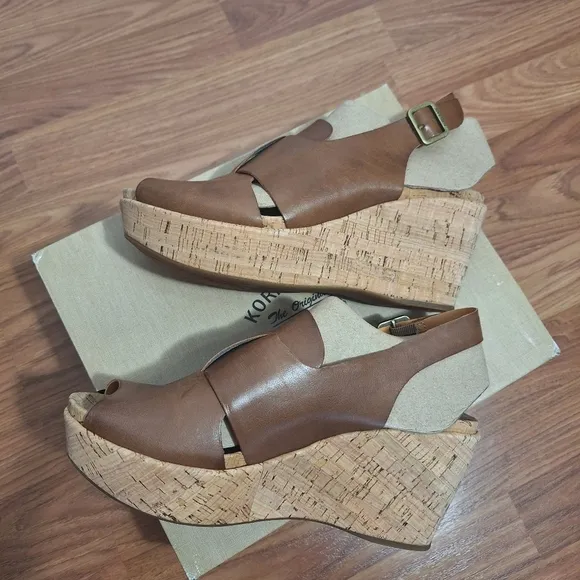 Kork-Ease Alex Boho Leather Wedge Platform Sandals Brown Comfort Slingback Sz 10