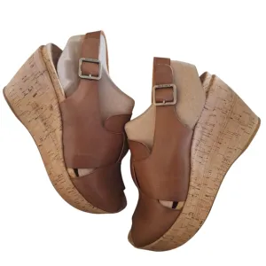 Kork-Ease Alex Boho Leather Wedge Platform Sandals Brown Comfort Slingback Sz 9