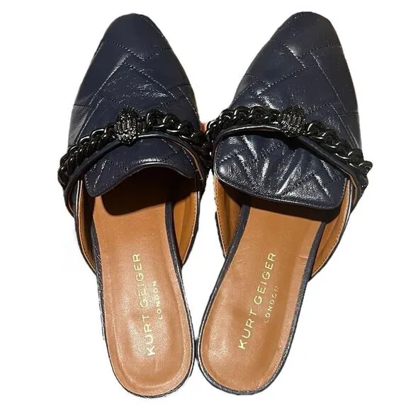 Kurt Geiger Mule WMNS 8 (EU 41) Blue Leather Chelsea Quilted Flats Pointed Chain