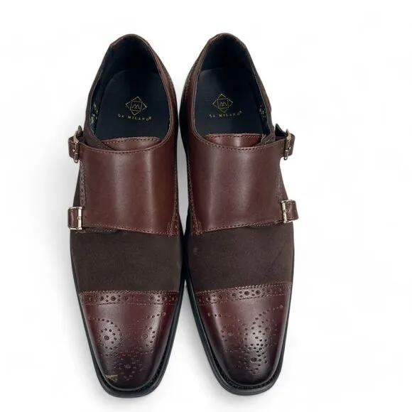 LA Milano Brown Leather Monk Strap Shoes Oxford Men 11 Leather Suede Defect