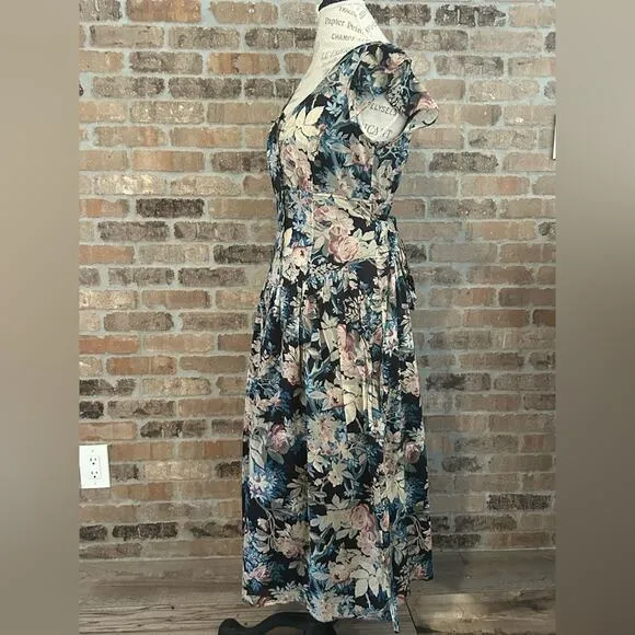 La Vie Rebecca Taylor - Black, Beige &amp; Blue Floral Print Cap Sleeve Maxi Dress S