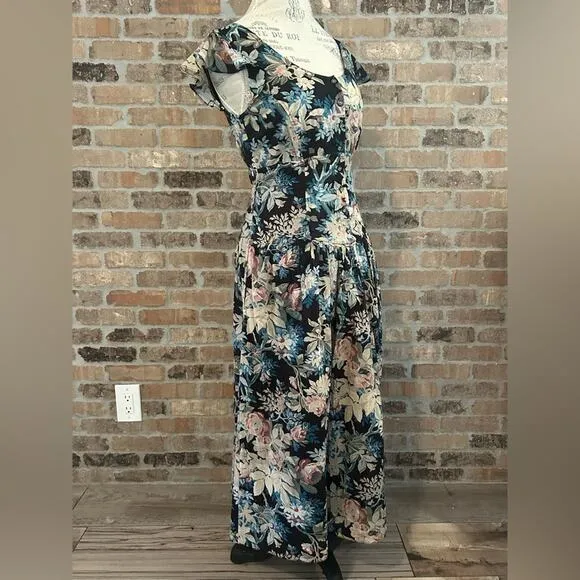 La Vie Rebecca Taylor - Black, Beige &amp; Blue Floral Print Cap Sleeve Maxi Dress S