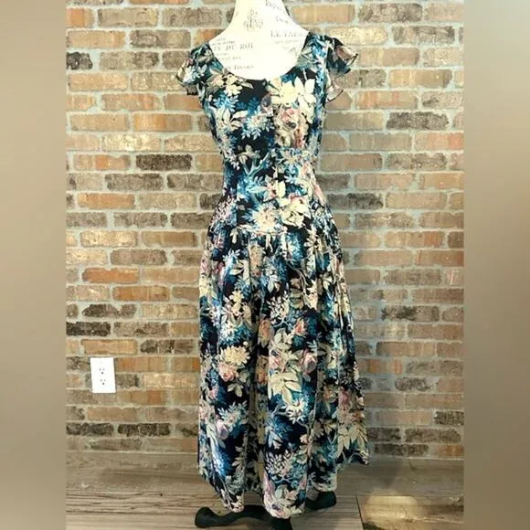La Vie Rebecca Taylor - Black, Beige &amp; Blue Floral Print Cap Sleeve Maxi Dress S