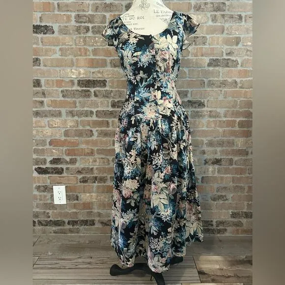 La Vie Rebecca Taylor - Black, Beige &amp; Blue Floral Print Cap Sleeve Maxi Dress S