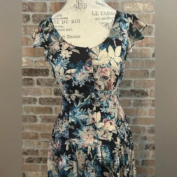 La Vie Rebecca Taylor - Black, Beige &amp; Blue Floral Print Cap Sleeve Maxi Dress S