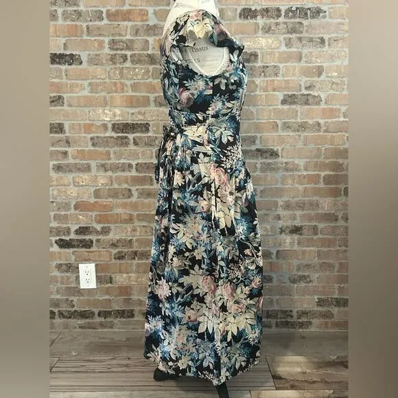 La Vie Rebecca Taylor - Black, Beige &amp; Blue Floral Print Cap Sleeve Maxi Dress S