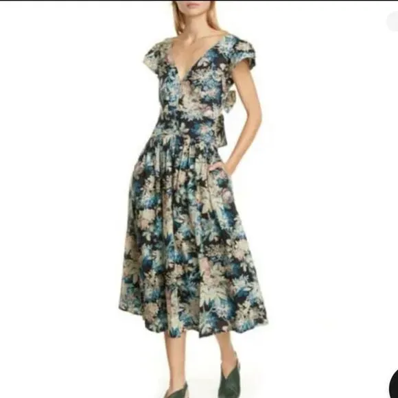 La Vie Rebecca Taylor - Black, Beige &amp; Blue Floral Print Cap Sleeve Maxi Dress S