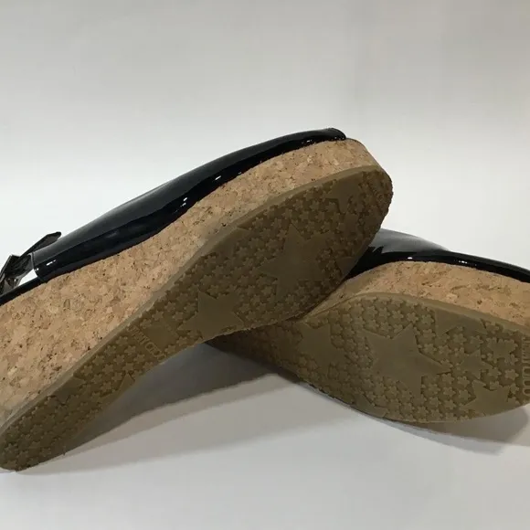 Ladies Jimmy Choo Black Patent Peep Toe Slingback Cork Wedges Size 41