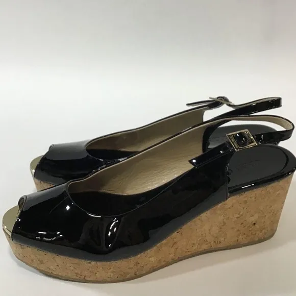 Ladies Jimmy Choo Black Patent Peep Toe Slingback Cork Wedges Size 41