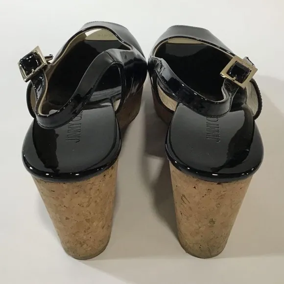 Ladies Jimmy Choo Black Patent Peep Toe Slingback Cork Wedges Size 41