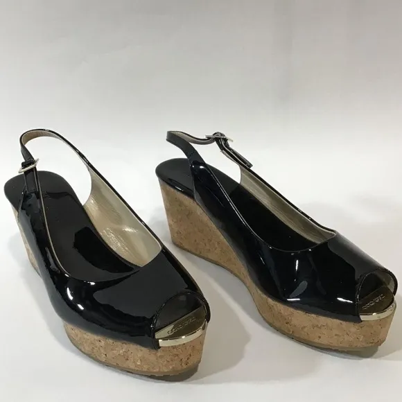 Ladies Jimmy Choo Black Patent Peep Toe Slingback Cork Wedges Size 41