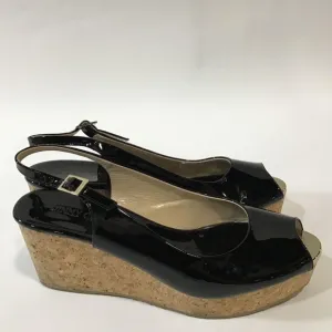 Ladies Jimmy Choo Black Patent Peep Toe Slingback Cork Wedges Size 41