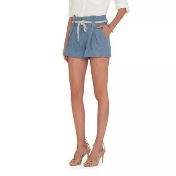 L'Agence Blue Paper Bag Linen Shorts with Tie Rope Belt, Size 2