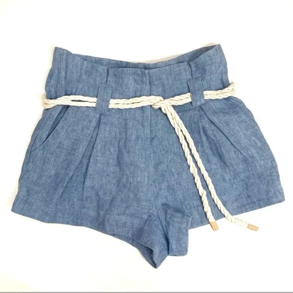 L'Agence Blue Paper Bag Linen Shorts with Tie Rope Belt, Size 2