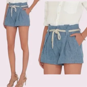 L'Agence Blue Paper Bag Linen Shorts with Tie Rope Belt, Size 2