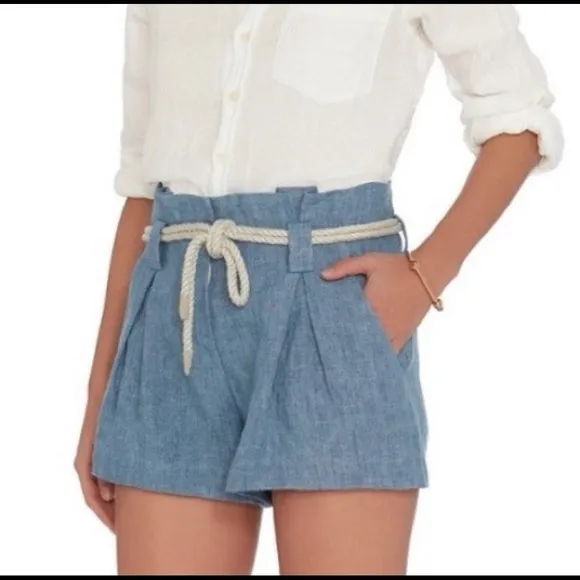 L'Agence Blue Paper Bag Linen Shorts with Tie Rope Belt, Size 2