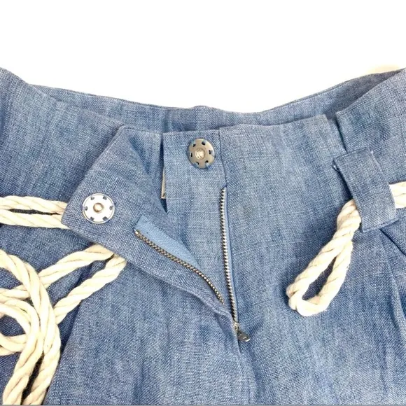 L'Agence Blue Paper Bag Linen Shorts with Tie Rope Belt, Size 2