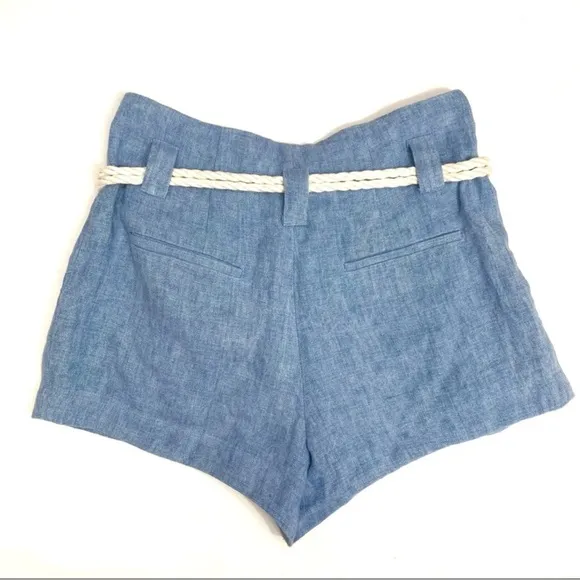 L'Agence Blue Paper Bag Linen Shorts with Tie Rope Belt, Size 2