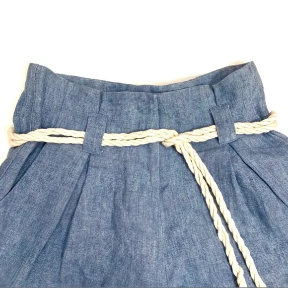 L'Agence Blue Paper Bag Linen Shorts with Tie Rope Belt, Size 2