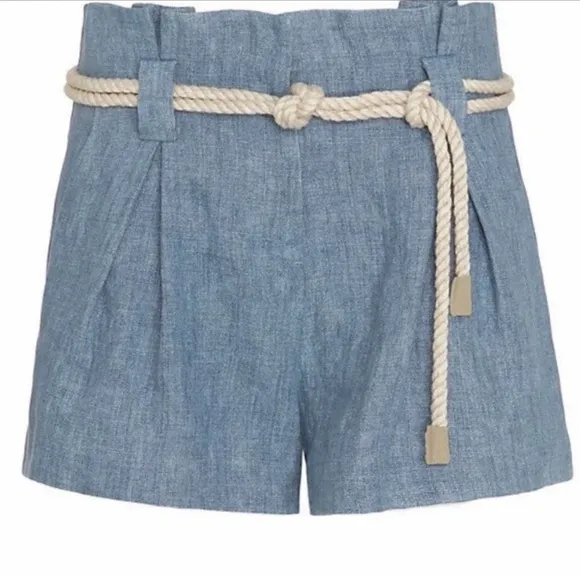 L'Agence Blue Paper Bag Linen Shorts with Tie Rope Belt, Size 2