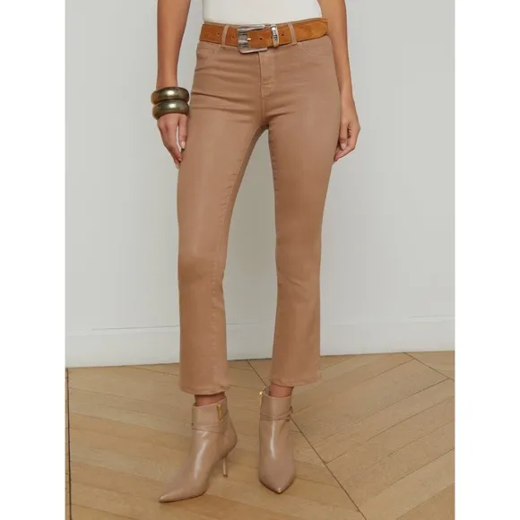 LAGENCE Micro Boot Stretch Tan Leather Look Coated Denim Jeans, Size 30