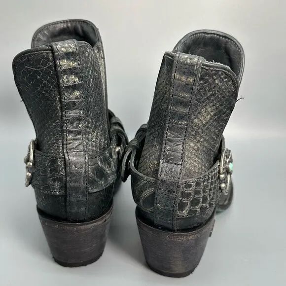 Lane Mattie Western Cowboy Boots Womens 6 Black Leather Crocodile Ankle Slip On