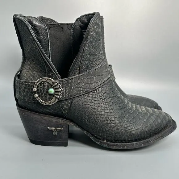 Lane Mattie Western Cowboy Boots Womens 6 Black Leather Crocodile Ankle Slip On