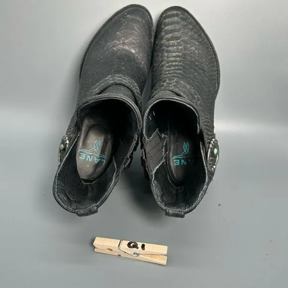 Lane Mattie Western Cowboy Boots Womens 6 Black Leather Crocodile Ankle Slip On