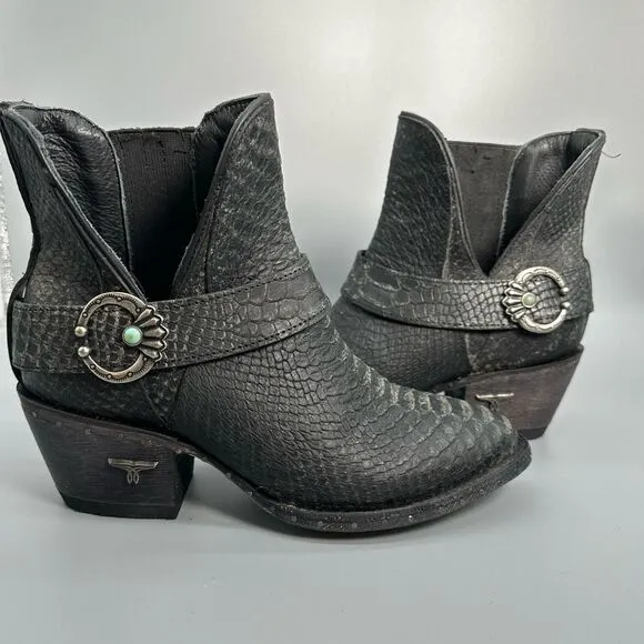 Lane Mattie Western Cowboy Boots Womens 6 Black Leather Crocodile Ankle Slip On