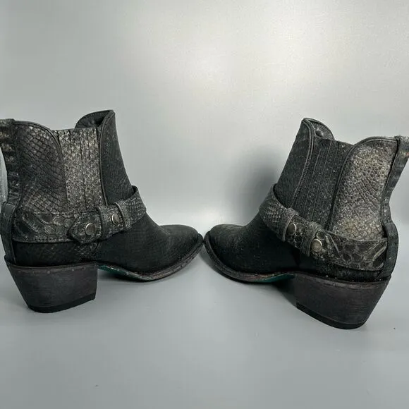 Lane Mattie Western Cowboy Boots Womens 6 Black Leather Crocodile Ankle Slip On