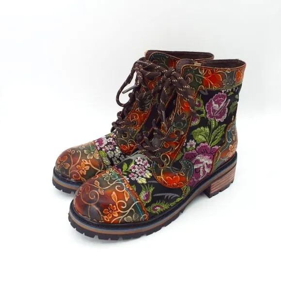 L'Artiste by Spring Step Fantastic Brown Multicolor Floral Combi Boots Size 37