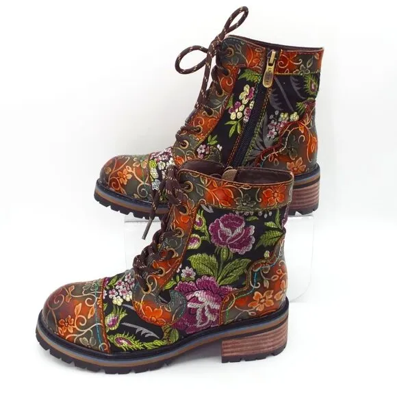 L'Artiste by Spring Step Fantastic Brown Multicolor Floral Combi Boots Size 37