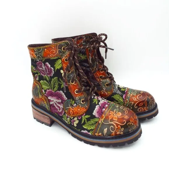 L'Artiste by Spring Step Fantastic Brown Multicolor Floral Combi Boots Size 37