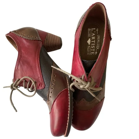 L'ATISTE Bardot Round Toe Ankle Oxford Derby Shoes Two-Tone Leather Heeled Boots