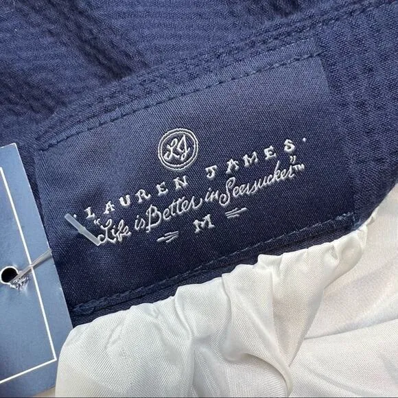 Lauren James Garrison Kentucky Derby Dress Womens M Navy Seersucker USA
