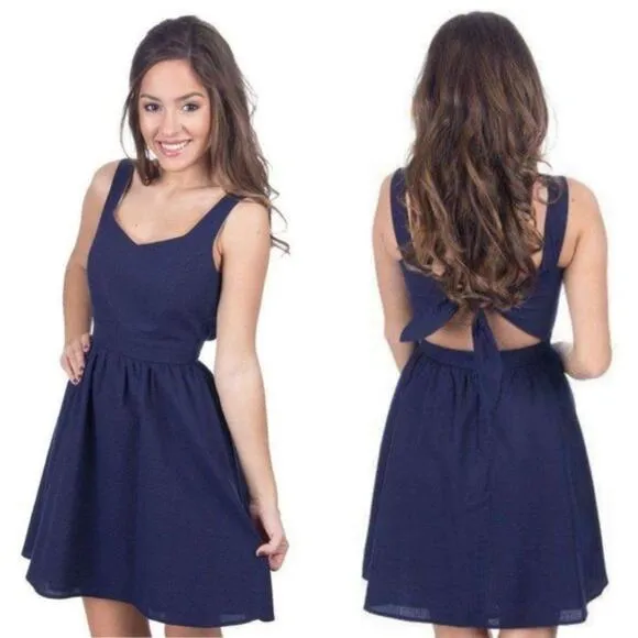 Lauren James Garrison Kentucky Derby Dress Womens M Navy Seersucker USA