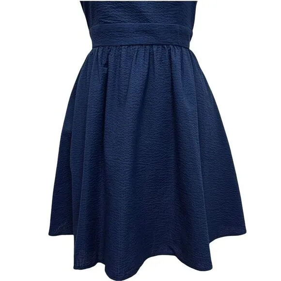 Lauren James Garrison Kentucky Derby Dress Womens M Navy Seersucker USA