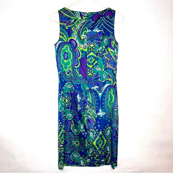 Lauren Ralph Lauren Blue Green Floral Satin Sheath Dress Womens Size 2 Tropical