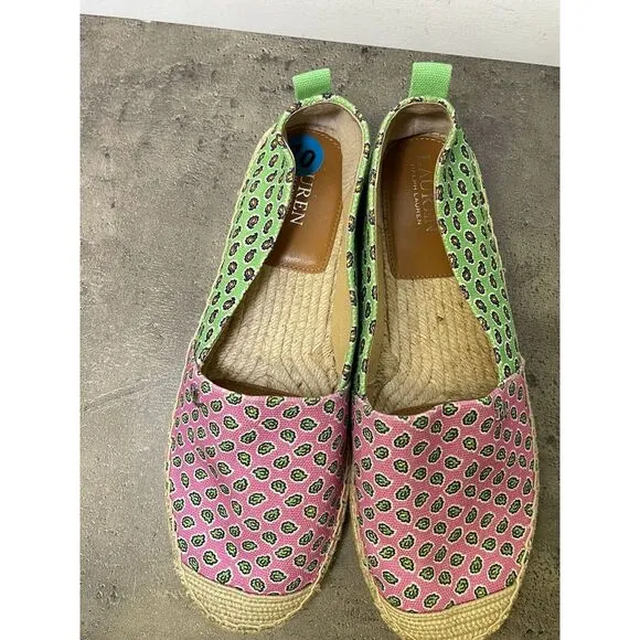 Lauren Ralph Lauren Cameryn Espadrille Flats Women's 10B Pink Green Paisley‎