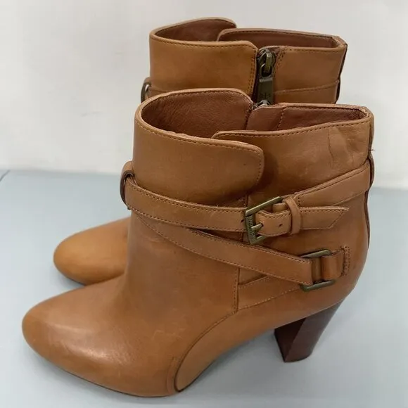 Lauren Ralph Lauren Vianca Heel Ankle Booties Buckles Zip Leather Brown Women 9
