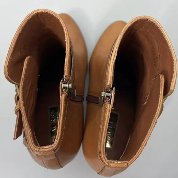 Lauren Ralph Lauren Vianca Heel Ankle Booties Buckles Zip Leather Brown Women 9