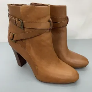 Lauren Ralph Lauren Vianca Heel Ankle Booties Buckles Zip Leather Brown Women 9