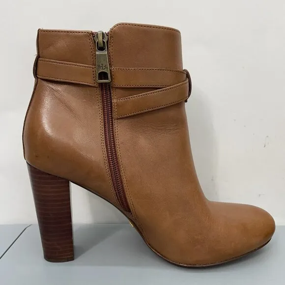 Lauren Ralph Lauren Vianca Heel Ankle Booties Buckles Zip Leather Brown Women 9