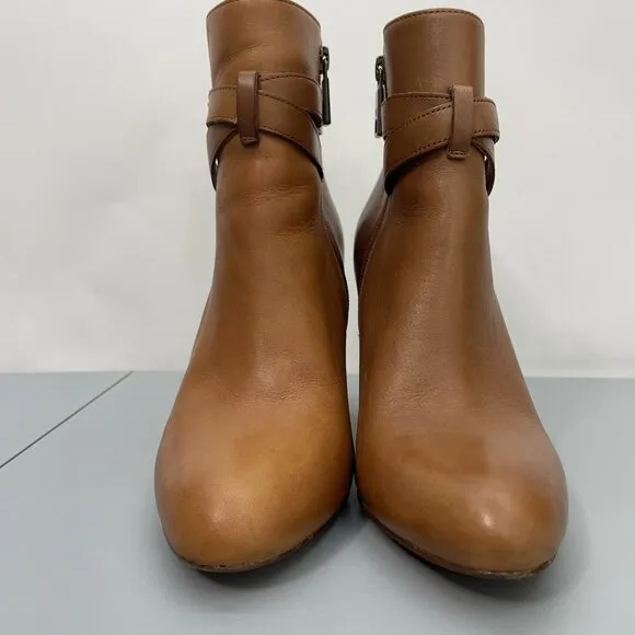 Lauren Ralph Lauren Vianca Heel Ankle Booties Buckles Zip Leather Brown Women 9