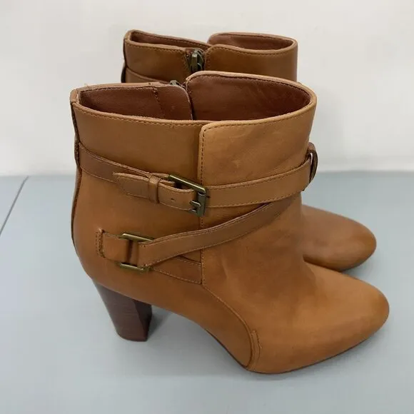Lauren Ralph Lauren Vianca Heel Ankle Booties Buckles Zip Leather Brown Women 9