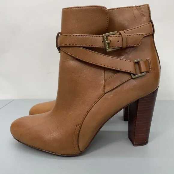 Lauren Ralph Lauren Vianca Heel Ankle Booties Buckles Zip Leather Brown Women 9